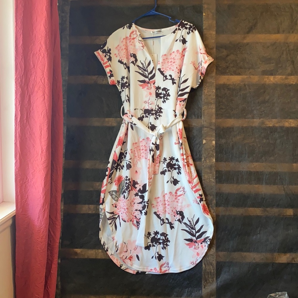 White with pink and black floral Maxi Dress